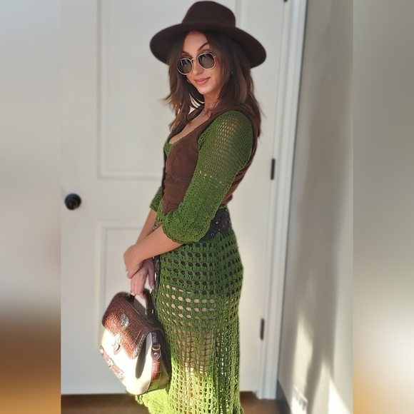 Green crochet midi western dress flare dress fall Fashion cowgirl medium crochet - Picture 4 of 7